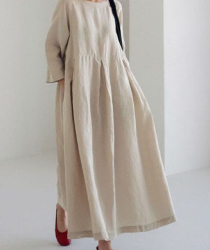 Apricot Cotton Dresses Pockets Patchwork Spring