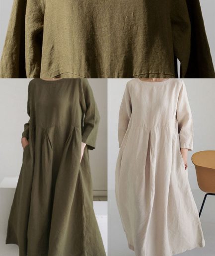 Apricot Cotton Dresses Pockets Patchwork Spring - Army Green/Ships In 24 Hours, S(Fit for EU 38-40, US 6-8, UK/AU 10-12, IT 42-44)