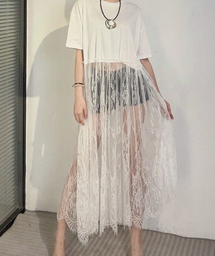 Art White Hollow Out Patchwork Lace Ankle Dress Summer