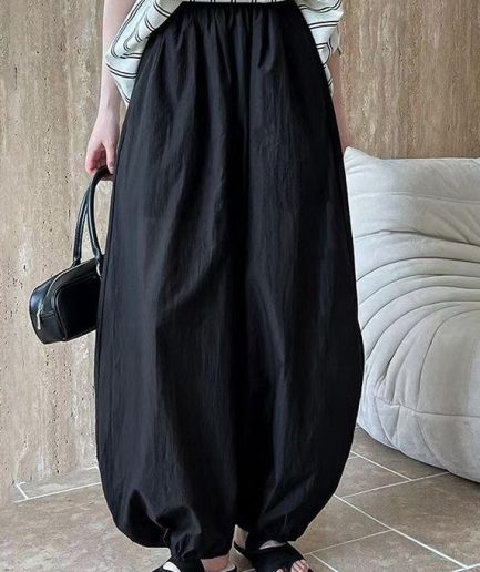 Black Loose Cotton Lantern Pants Elastic Waist Summer
