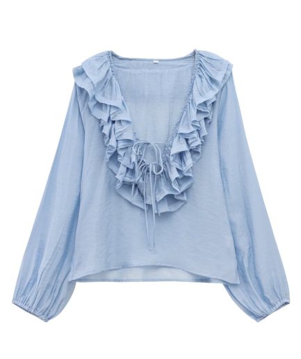 Bohemian Sky Blue Ruffled Cotton Shirt Tops Summer