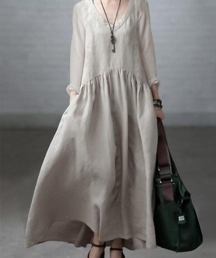 Simple and Loose V-neck Cotton and Linen Dress