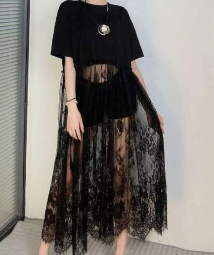 Elegant Black Oversized Patchwork Lace Robe Dresses Summer