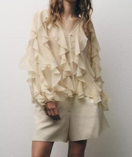 Elegant Light Yellow Ruffles Chiffon UPF 50+ Shirt Summer