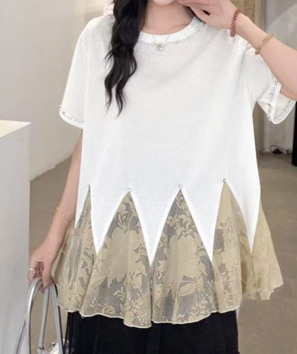 Elegant White Oversized Patchwork Tulle Tops Summer
