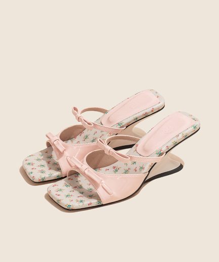 Fashion Bow Splicing Wedge Pink Faux Leather Slide Sandals Peep Toe