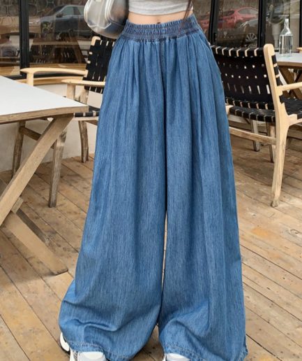 Fashion Navy Elastic Waist Denim Wide Leg Pants Summer