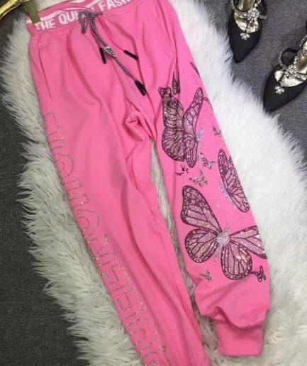 French Pink Zircon Butterfly Cotton Pants Fall