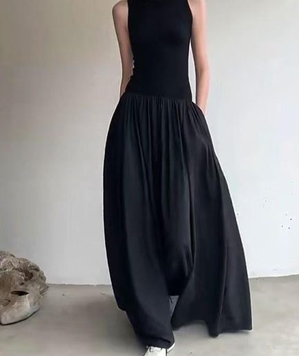 Italian Black Patchwork Silm Robe Dresses Sleeveless