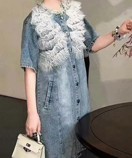 Modern Denim Blue Patchwork Tulle Day Dress Summer
