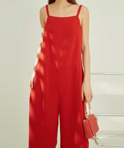 Modern Red Draping Chiffon Straight Pants Spaghetti Strap Jumpsuit Summer