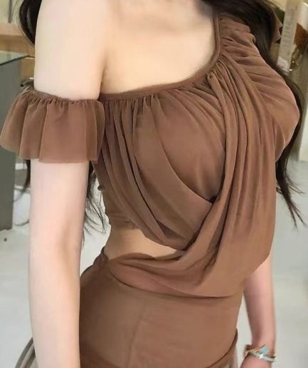 Sexy Brown Asymmetrical Cold Shoulder Tulle Top Summer