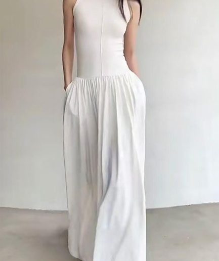 Silm Fit White Exra Large Hem Cotton Long Dress Sleeveless