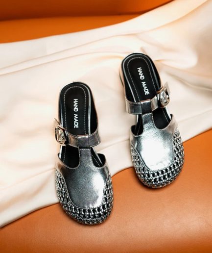 Silver Cowhide Leather Fashion Splicing Hollow Out Slide Sandals
