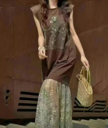 Women Brown Backless Patchwork Lace Straight  Dresses Sleeveless