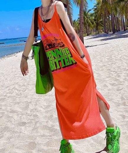 Women Orange Oversized Print Cotton Vacation Sundresses Summer