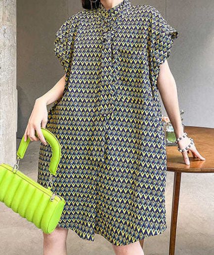 Women Stand Collar Print Cotton Day Dress Puff Sleeve