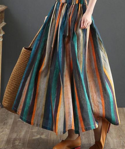 Women Striped A Line Retro Print Skirts Linen